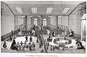 Die Kinderkrippe im Familisterium von Guise, aus Solutions Sociales von Jean-Baptiste Andre Godin, Paris, 1871 von French School