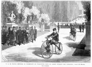 Der kaiserliche Prinz, beobachtet von seinen Eltern, dem Kaiser und der Kaiserin, zeigt seine Fähigkeiten im Radfahren auf einem Michaux-Velociped im Tuileriengarten, Paris, 1869 von French School