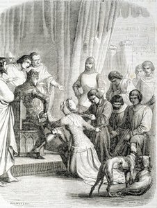 Die Königin von England (Philippa von Hennegau) bittet ihren Ehemann Edward III. um Gnade für die Einwohner von Calais (Episode der 6 Bürger von Calais) von French School