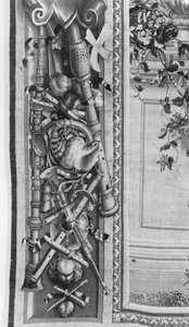 Die Jahreszeiten, Bordüre, Musikinstrumente, ca. 1670, Gobelins-Manufaktur (Detail) von French School