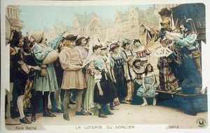 Die Lotterie des Zauberers (Standbild aus einem Pathe-Film), Postkarte aus den frühen 1920er Jahren (Farblithografie) von French School