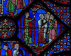 Das St. Jakobus Fenster: Almogenes (Hermogines) spricht zu seinen Adepten von French School