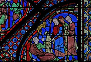 Das St. Jakobus Fenster: Der Dämon verschwindet dank des Mantels von St. Jakobus von French School