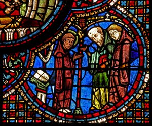 Das St. Lubin Fenster: Seine Meditationen werden von zwei Mönchen unterbrochen