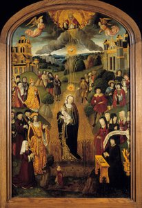 Die Jungfrau mit Weizen König Ludwig XII. (1462-1515) und Papst Alexander VI. (1431-1503) sind anwesend. Allmächtiger Gott hält die Weltkugel und segnet die Szene, während der Heilige Geist die Jungfrau und das Kind beschützt