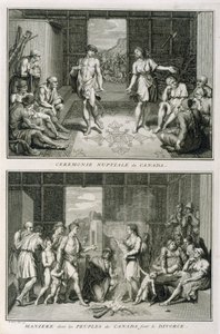 Die Hochzeitszeremonie und die Art der Scheidung in Kanada, Illustration aus Religiöse Zeremonien und Bräuche, graviert von Bernard Picart (1673-1733) 1723 von French School
