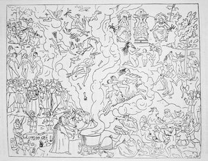 Der Hexensabbat, Kopie einer Illustration aus Tableau de linconstance des mauvais anges von Pierre de Lancre, Paris 1612, verwendet in einer Geschichte der Magie, veröffentlicht Ende des 19. Jahrhunderts von French School