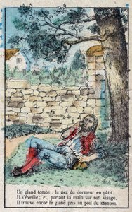 Die Eichel und der Kürbis. Fabeln von Jean de La Fontaine (1621-95). Epinal-Bild Ende des 19. Jahrhunderts.