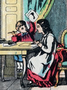Die Aktivitäten für Mädchen aus guten Familien: einem kleinen Bruder bei den Hausaufgaben helfen - Epinal-Bild - 19. Jahrhundert von French School