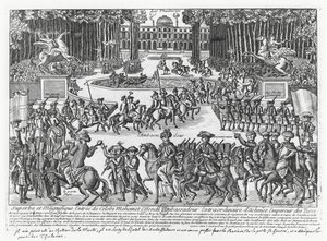 Die Ankunft von Mehmed Celebi Efendi, Botschafter von Sultan Ahmed III. der Türkei, in den Tuilerien, um von Ludwig XV. im Jahr 1721 empfangen zu werden (Stich) von French School