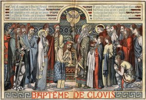 Die Taufe von Clovis I. (466-511) in Reims, 25. Dezember 496. Illustration von MALATESTA (MALTESTE Henri Theodore) in „Le Pelerin“ vom 23. August