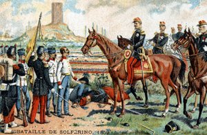 Die Schlacht von Solferino (Italien) zwischen den französisch-sardischen (Siegern) und österreichischen (Besiegten) Armeen im Jahr 1859. Chromolithographie des 19. Jahrhunderts von French School