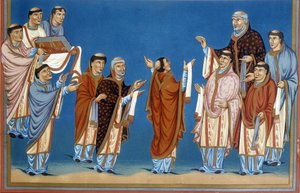 Die Kanoniker von Saint Martin (Saint Martin) von Tours bieten König Karl II., genannt der Kahle (823-877), eine in ihrer Abtei geschriebene Bibel an. von French School