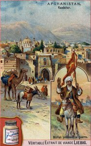 Die Stadt Kandahar in Afghanistan mit Mullah, der Krieg predigt. Werbechromolithographie des 19. Jahrhunderts von French School