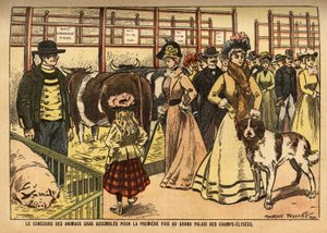 Der Wettbewerb der fetten Tiere aus den Familien der Rinder, Schafe, Schweine und anderer, versammelt und ausgestellt zum ersten Mal in der großen Halle des Grand Palais des Champs Elysees; diese Ausstellung präsentiert gleichzeitig kulinarische Spezialitä
