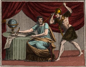 Der Tod des Archimedes während der Eroberung von Syrakus, Sizilien, durch römische Soldaten im Jahr 212 v. Chr. von French School