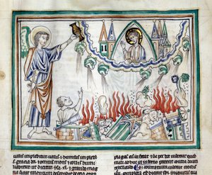 Die Zerstörung Babylons. Miniatur aus „Die Apokalypse von Cambrai“ beleuchtet von der französischen Schule des 13. Jahrhunderts. Ms. 422. Stadtbibliothek, Cambrai
