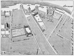 Das Viertel des Collège des Quatre Nations und das Hôtel Conti-Fac-Simile im Plan von J. de la Caille von French School