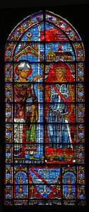 Der Stifter Jean Clement erhält das Banner von St. Denis; seine Wappen unten von French School