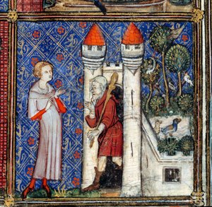 Der Traum, Detail: Der Liebhaber vor dem Haus der Liebesfreude. Miniatur im „Roman de la rose“ von Jean de Meun, Jean de Meung oder Jean Chopinel, Jean Clopinel (ca. 1240-1305), um 1370. von French School