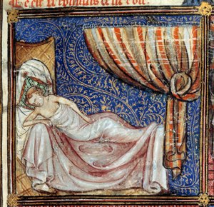 Der Traum, Detail: Der schlafende Liebhaber. Miniatur in „Le Roman de la rose“ von Jean de Meun, Jean de Meung oder Jean Chopinel, Jean Clopinel (ca. 1240-1305), um 1370. Chantilly, Musée Condé