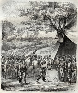 Das Ende des Vendée-Krieges - Hoche unterzeichnet einen Vertrag mit den Bretonen - Französische Revolution - Die Befriedung der Vendée - Abkommen von La Mabilais, 20. April 1795 - unterzeichnet zwischen General Hoche und den Anführern der Chouans - Unterze von French School