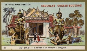 Der Eingang eines Tempels in Bangkok, Siam (Chromolithografie) von French School