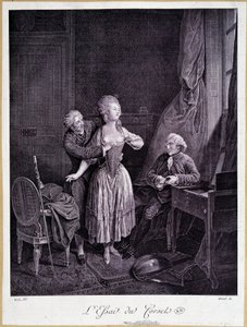 Das Korsett-Essay (zwei Männer und eine Frau mit entblößten Brüsten) - 18. Gravur von French School