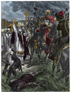 Der Bischof Saint Loup von Troyes stoppt Attila, den König der Hunnen, vor Troyes - Barbarische Invasionen - Gravur nach dem Gemälde von H. Grobert