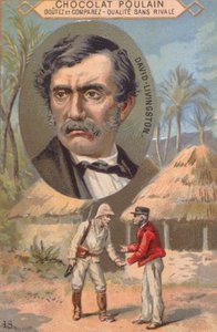 Der Entdecker David Livingstone (1813-73) und sein Treffen mit Stanley (1840-1904) in Ujiji am 27. Oktober 1871, Werbekarte für Poulain-Schokolade