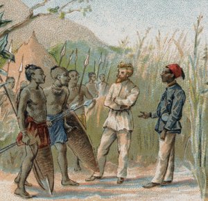 Der Entdecker Paul Crampel (1864 - 1891) verhandelt mit den Einheimischen des Kongo. Chromolithographie aus dem 19. Jahrhundert. von French School