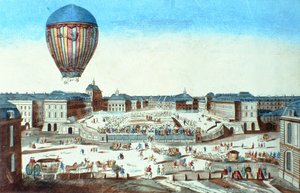Der erste Flug des Heißluftballons von Pilatre du Rozier, benannt nach seinem Sponsor M. Montgolfier, in Versailles am 23. Juni 1784 von French School
