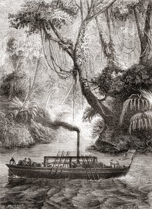 Der erste erfolgreiche Probelauf von John Fitchs Dampfschiff Perseverance auf dem Delaware River, Amerika, 22. August von French School