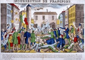 Der Aufstand von Frankfurt am 3. April 1833, Hauptstadt des Deutschen Bundes. Bild von Epinal von French School