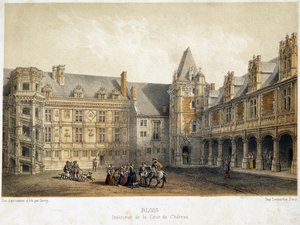 Das Innere des Hofes des Schlosses von Blois zur Zeit von Franz I. (16. Jahrhundert) - Lithographie von French School