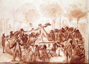 Der Journalist Camille Desmoulins (1760-1794) rief die Patrioten in den Gärten des Königspalastes auf. Erste Szene der Französischen Revolution in Paris, 12. Juli
