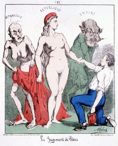 Das Urteil des Paris: Monarchie - Republik - Imperium (ein Kommunarde wählt die Republik). Karikatur über die Kommune.