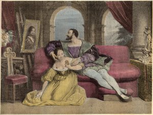 Der König von Frankreich Franz I. (1494-1547) und das schöne Eisenwerk. Lithographie von Daveria aus 1838 in „Laughs Et Galanterie“. Wöchentliche Sammlung galanter Bilder unter der Leitung von John Grand-Carteret. 1903-1904 von French School