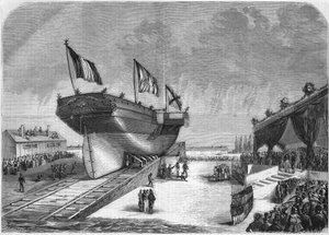 Der Stapellauf des Liners Quirinal in La Seyne im Jahr 1857 (Compagnie des Messageries Maritimes). Gravur von 1857.