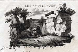 Der Löwe und das Reh. Fabel von Äsop. Geschrieben von Guillaume Montfort und graviert von Beauble im Jahr 1801. von French School