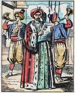Die Hochzeit der Tochter des Sultans mit dem Sohn des Großwesirs wird von einem öffentlichen Vorleser verkündet. Gravur aus dem Märchen Tausendundeine Nacht "Aladin und die Wunderlampe". Epinal-Bild, Ende des 19. Jahrhunderts. Private Sammlung. von French School