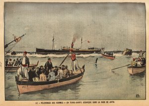 Die Pilgerfahrt der Männer ins Heilige Land von Jaffa (Israel). Gravur in "Le Pèlerin" 8/09/1901. Sammlung Selva