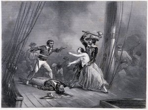 Der Pirat Morgan entführt die schöne Spanierin - in „Allgemeine Geschichte der Marine“ von E und V Penaud Brüdern