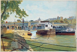 Der Ponton der Boote von Suresnes an der Brücke der Heiligen Väter. Gravur des 19. Jahrhunderts. Paris, Kunstgewerbemuseum von French School
