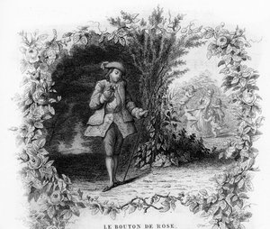 Der Rosenknospe. Ein einsamer und romantischer junger Mann in einem Garten, am Ende dessen eine junge Frau von Amor umgeben ist. Gravur in „Chants et chansons populaire de la France“, Band 2 von French School