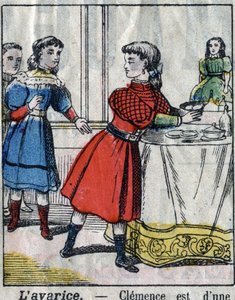 Die sieben Todsünden: Habgier. Epinal-Bild Ende des 19. Jahrhunderts. (I sette peccati o vizi capitali)