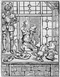Das Geschäft des Rüstungsschmieds im 16. Jahrhundert. In "The picturesque shop" 1836
