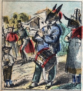 Der kranke Löwe und der Fuchs. Fabeln von Jean de La Fontaine (1621-95). Epinal-Bild vom Ende des 19. Jahrhunderts von French School