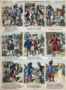 Der kranke Löwe und der Fuchs. Fabeln von Jean de La Fontaine (1621-95). Epinal-Bildgebung Ende des 19. Jahrhunderts. von French School