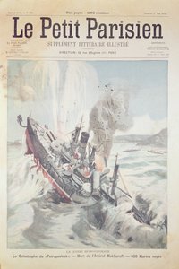 Das Sinken des russischen Flaggschiffs Petropavlovsk, Titelillustration von Le Petit Parisien von French School